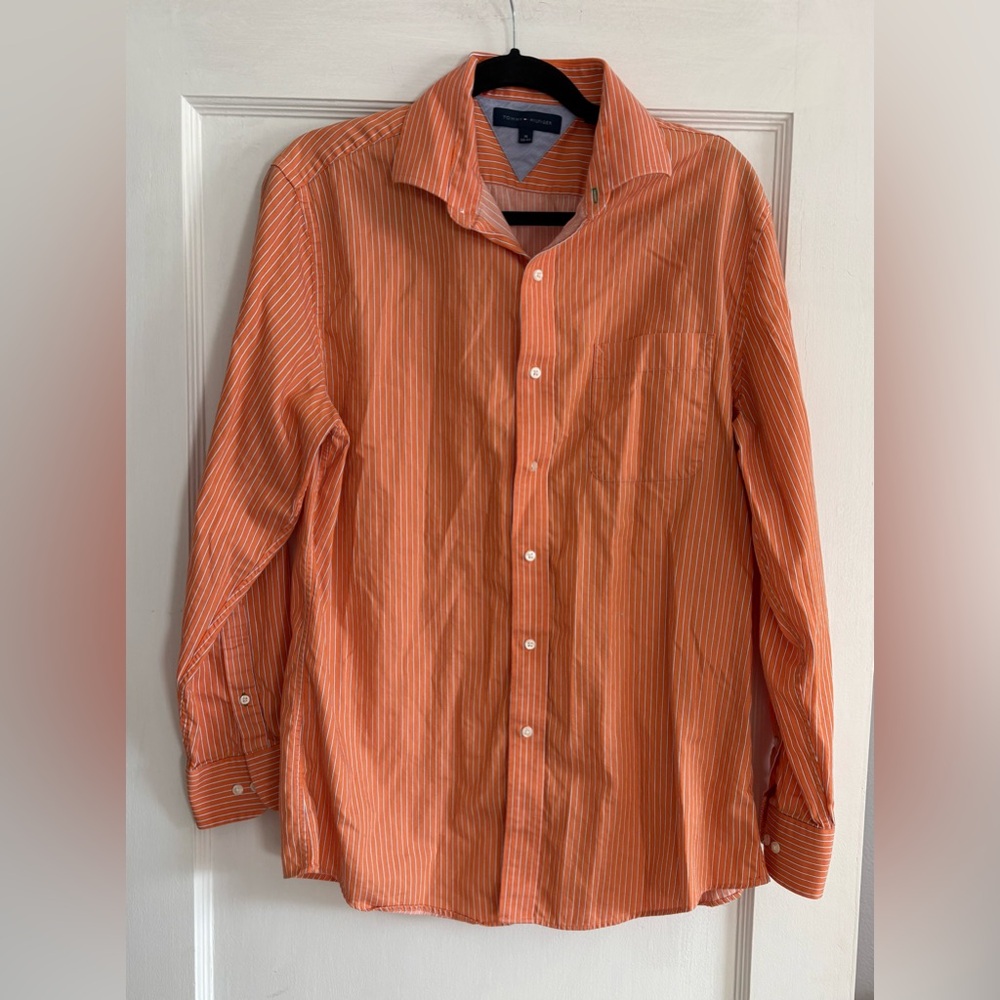 Men's Tommy Hilfiger Orange and White Striped Slim Fit Button-Down Shirt Size 16